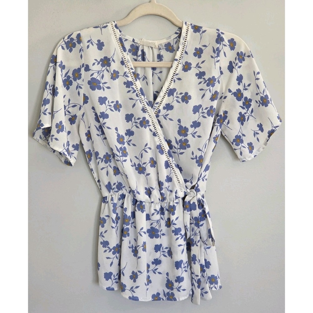 Women's Romantic Blouse Floral White Blue Wrap Cinched Waist Sienna Sky Small
